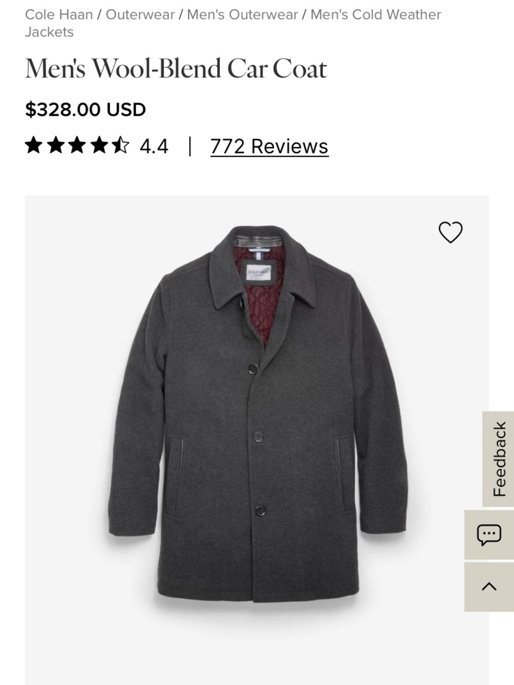 Cole Haan Charcoal Wool-Blend Pea Coat with Burgundy Lining